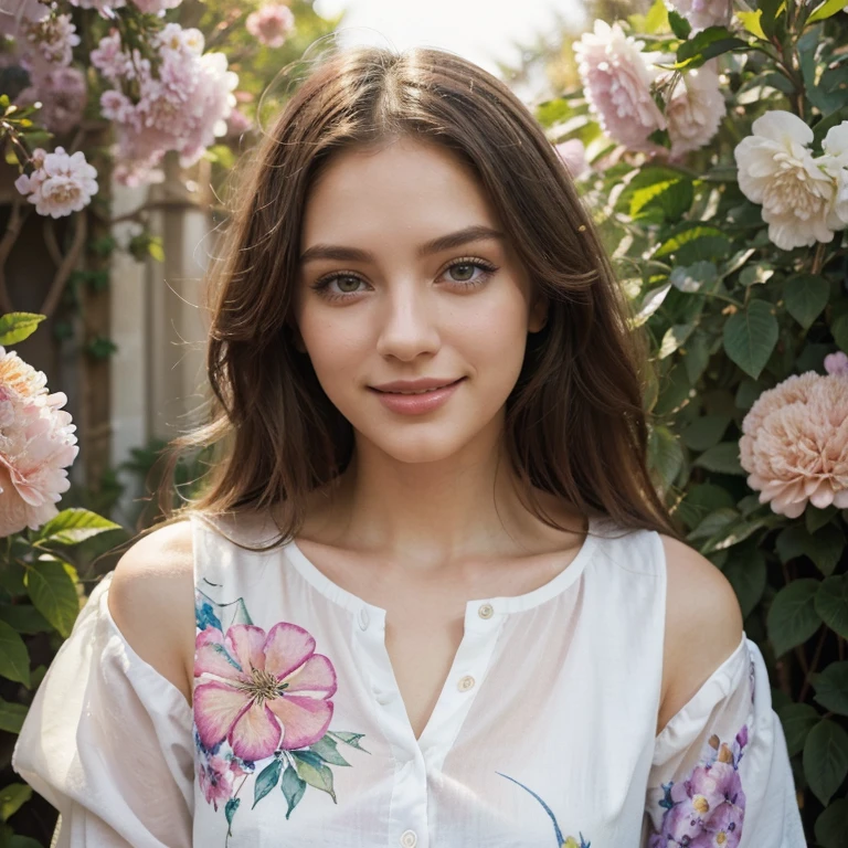 (aesthetic,artistic) illustrations,medium:watercolor,popular,fashionable,girl,blooming flowers,green garden,beautiful detailed eyes,beautiful detailed lips,colorful clothes,lovely smile,posing,charming,stylish,fashionable,refreshing atmosphere,vivid colors,soft lighting