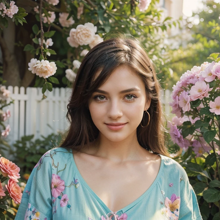 (aesthetic,artistic) illustrations,medium:watercolor,popular,fashionable,girl,blooming flowers,green garden,beautiful detailed eyes,beautiful detailed lips,colorful clothes,lovely smile,posing,charming,stylish,fashionable,refreshing atmosphere,vivid colors,soft lighting