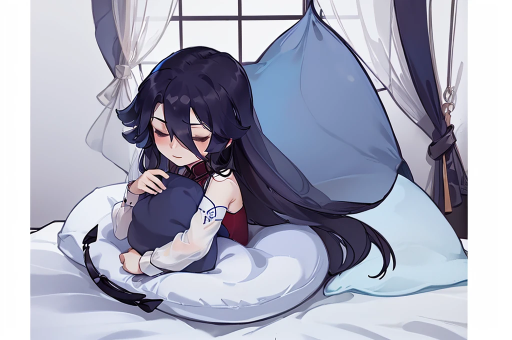 ((aesthetic)) man with (wery long black hair) dressed in red pajama. hugs a pillow. sleep. closed eyes. night. blue shades. blue light. white pillow. Night room. Bed. view from above. Big window. Outside the window there is a city in the distance. Scattered things. Small glowing lamp. Night. Darkness. Dark blue colors
