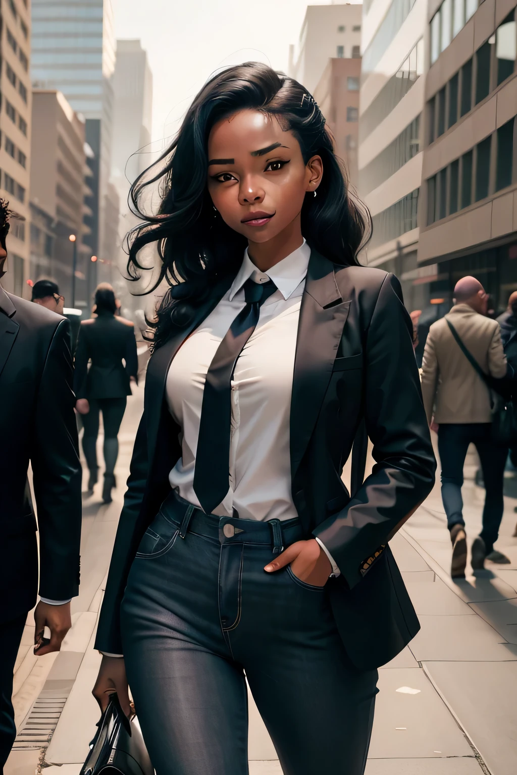 mulher negra, Linda, cabelos longos, com roupa social, sorrindo, com blaser, Segurando celular, conversando com homem branco, FORTE, com roupa social, without jacket and tie, Camisa social, sorrindo, mangas dobradas, With one hand in my pocket, Indo, in the post-apocalyptic film scene walking down a wide avenue, tall buildings holding social executive folder