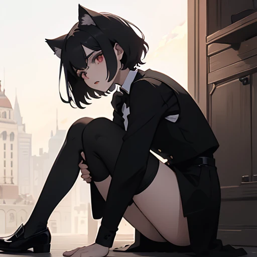 girl, dressed in white long sleeves, with a black vest and knee-length black skirt, slightly narrow, red eyes, detailed eyes, long black socks, school shoes, has cat ears, has short black hair like a boy, but has a lot of hair, the sides of her hair stick out, she is a calm girl, short hair like boy, long black dress