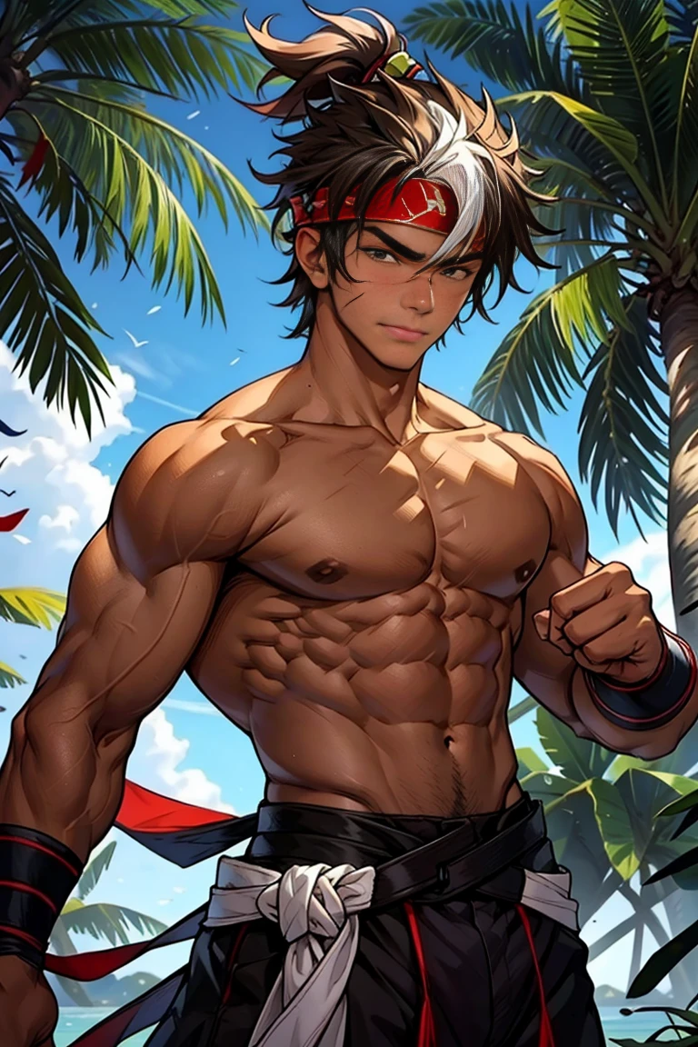 (Masterpiece, Best quality  boy，Shota), solo, Young, boy, Dark Short hair, full bodyesbian, Shirtless, babyface, topless, green headband, Vivid colors,(Depth of field:1.2),(Abs), view the viewer, black wristband, closed mouth, serious, topless male, pale tanned skin with tight muscler body, Man with martial arts stance, epic kung fu pose,