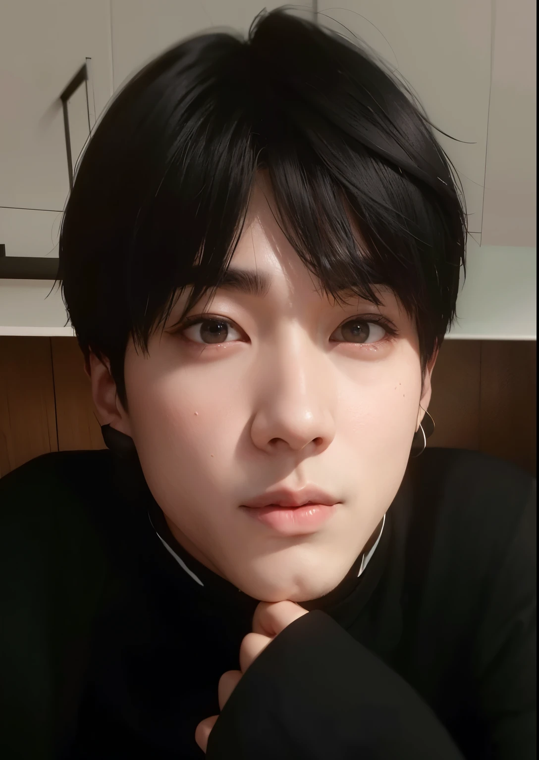 arafed asian man with a black shirt and a black choker, jungkook, kim doyoung, taejune kim, jimin\'s right eyelid swollen, headshot profile picture, hyung tae, taken in the early 2020s, black haired yoongi, with short hair, inspired by Kun Can, jinyoung shin, jimin, wan adorable korean face, baggy eyes
