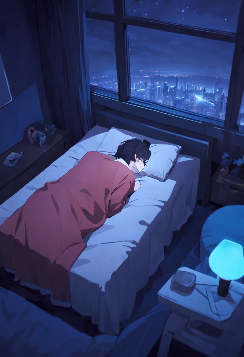 ((aesthetic)) man with (wery long black hair) dressed in red pajama. hugs a pillow. sleep. closed eyes. night. blue shades. blue light. white pillow. Night room. Bed. view from above. Big window. Outside the window there is a city in the distance. Scattered things. Small glowing lamp. Night. Darkness. Dark blue colors
