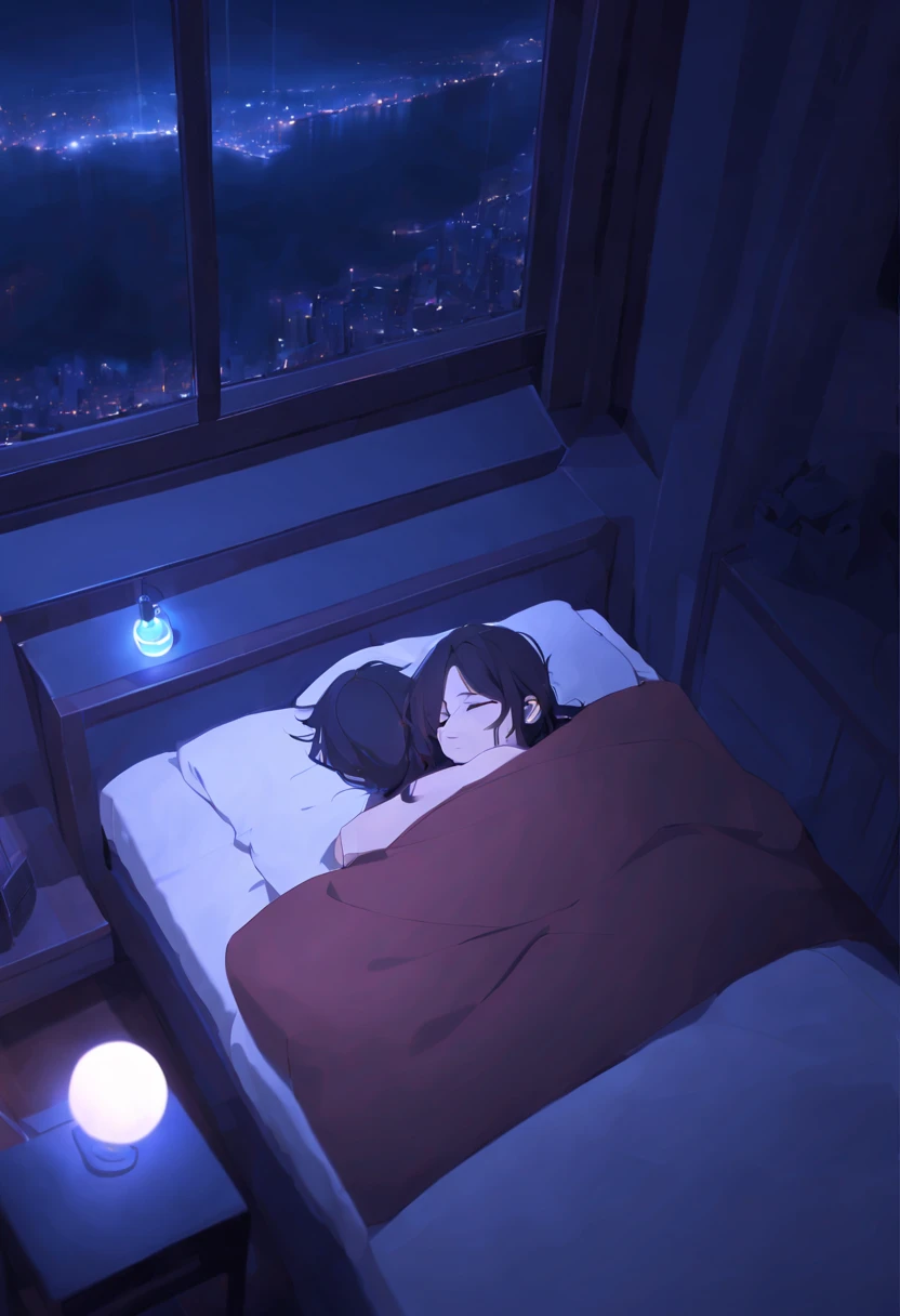 ((aesthetic)) man with (wery long black hair) dressed in red pajama. hugs a pillow. sleep. closed eyes. night. blue shades. blue light. white pillow. Night room. Bed. view from above. Big window. Outside the window there is a city in the distance. Scattered things. Small glowing lamp. Night. Darkness. Dark blue colors