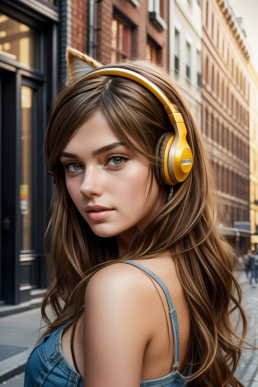 (realistic style, high definition, best quality, ultra-detailed), a brown-haired girl with cat ear headphones, situated in the bustling background of Soho, New York City. The intricate details of her expressive face are accentuated by the natural texture of her hair, which gently cascades over her shoulders. The environment is alive with vibrant colors and textures, from the brick walls and graffiti art to the warm, golden sunlight filtering through the buildings. The scene is captured in a cinematic manner, with soft, cinematic light casting long, realistic shadows. The image is rendered in stunning detail, with each strand of hair, crease on the girl'