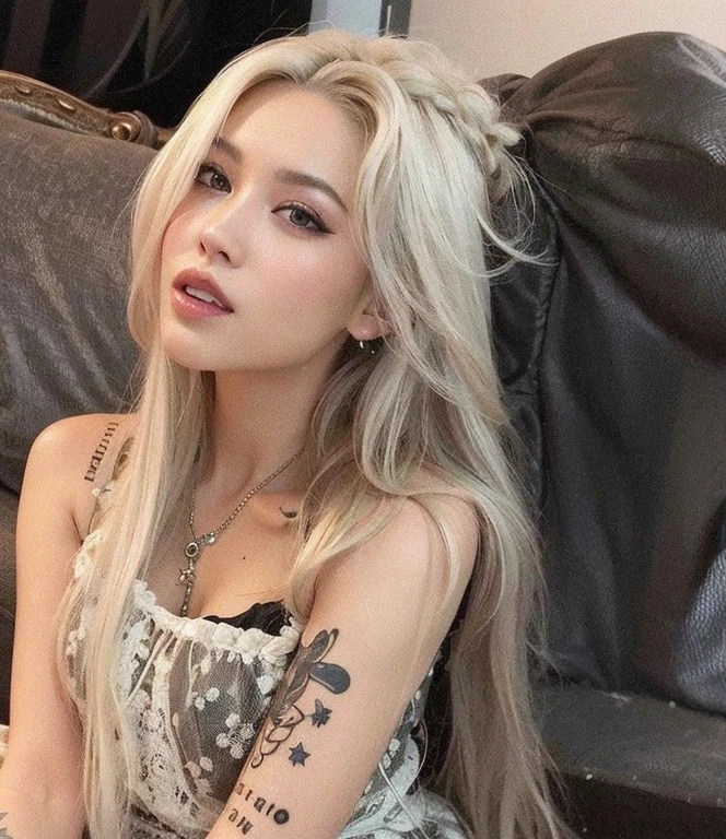 Blonde woman with tattoos on her arms sitting on a sofa, parque roseanne de blackpink, com longos cabelos brancos, com cabelos longos brancos, cruel korean goth girl, her hair is white, maquiagem sul-coreana popular, coreana, garota de cabelos brancos perfeita, Tifa Lockhart com cabelos brancos, com cabelos longos e olhos penetrantes, com cabelo branco, penteado com corte hime branco