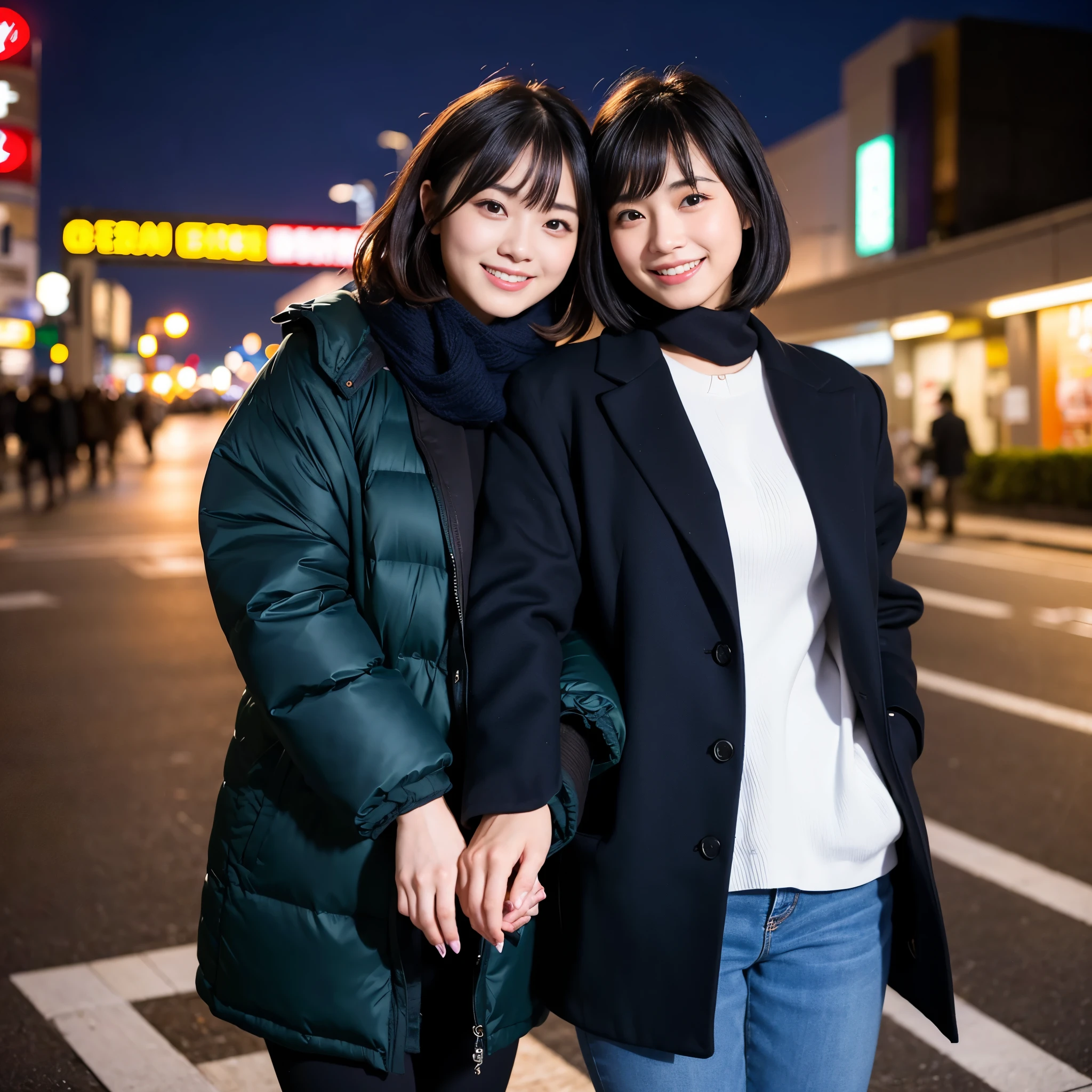 Best-quality, Masterpiece, Ultra-High-Resolution, (Photorealistic:1.4), Raw-Photo, A lesbian couple, 18-years-old girl and 25-years-old woman, Late at night, In the middle of winter, At Hiroshima's entertainment distric, (The 18-year-old girl, the most famous Japanese idol, wearing cute-down-jacket, extremely beautiful black-short-cut-haired, extremely cute face like the most popular Japanese idol, extremely beautiful big-black-eyes), 
(The 25-year-old woman, the most famous Japanese actress, wearing expensive-coat and business suit, extremely beautiful brown-long-haired, extremely beautiful face like the most popular Japanese actress, extremely beautiful big-solid-circle-eyes), 

Both wearing matching scarves, both drunk,  both walking staggered, looking at viewer, laughing-out-loud