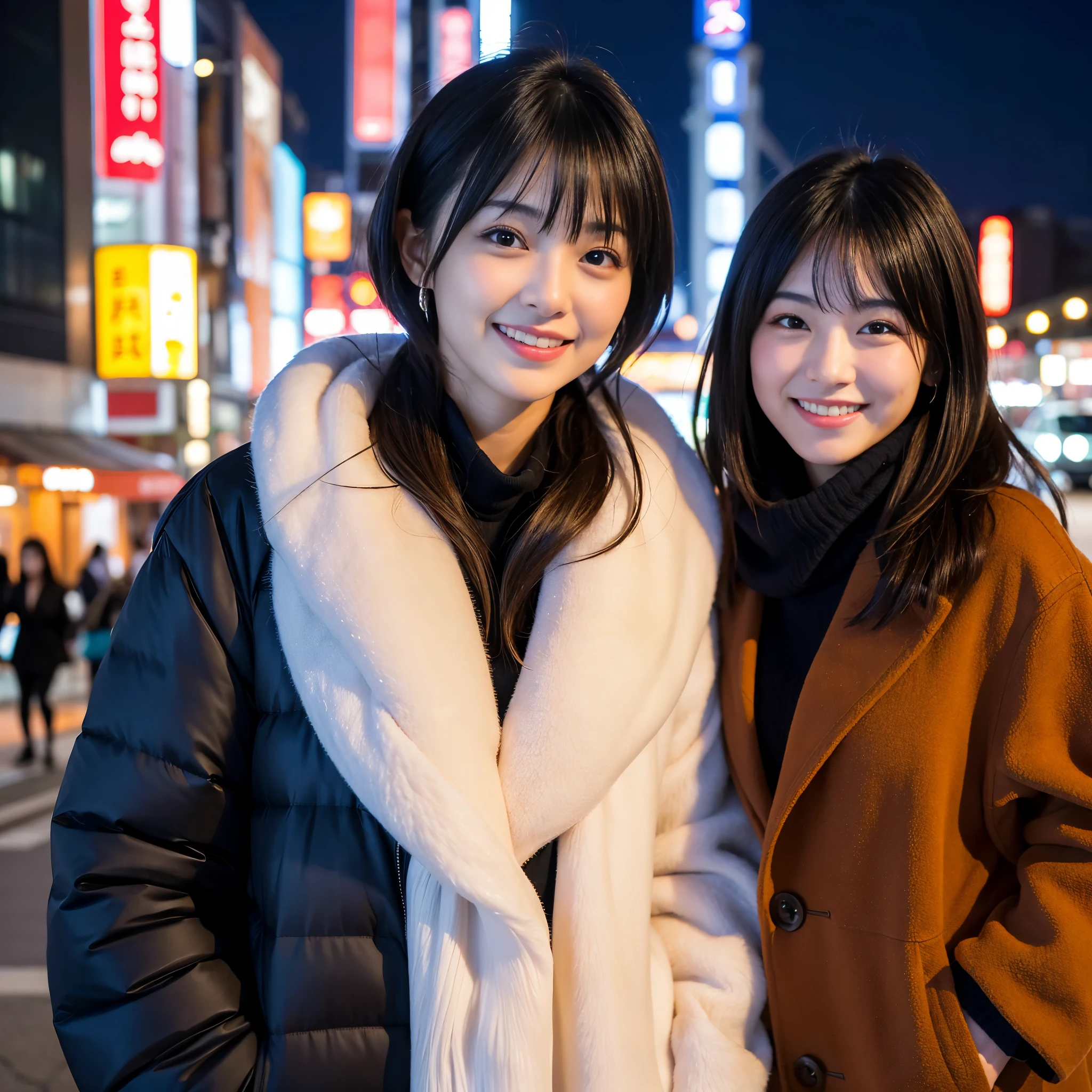 Best-quality, Masterpiece, Ultra-High-Resolution, (Photorealistic:1.4), Raw-Photo, A lesbian couple, 18-years-old girl and 25-years-old woman, Late at night, In the middle of winter, At Hiroshima's entertainment distric, (The 18-year-old girl, the most famous Japanese idol, wearing cute-down-jacket, extremely beautiful black-short-cut-haired, extremely cute face like the most popular Japanese idol, extremely beautiful big-black-eyes),
(The 25-year-old woman, the most famous Japanese actress, wearing expensive-coat and business suit, extremely beautiful brown-long-haired, extremely beautiful face like the most popular Japanese actress, extremely beautiful big-solid-circle-eyes),
Both wearing matching scarves, both drunk, both walking staggered, looking at viewer, laughing-out-loud