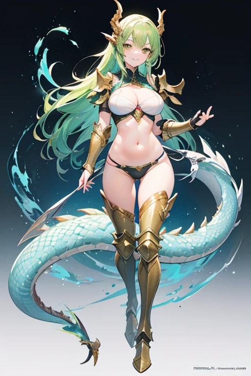 A Big  Thin Female green Dragon, Smiling, Perfect body, Perfect Face, Wind,, Detailed and Intrincicated, HD, dragon scales, dragon tail,  green hair, long hair, golden eyes, (scale armor), (full body), scales on leg, light blue armor, exposed navel