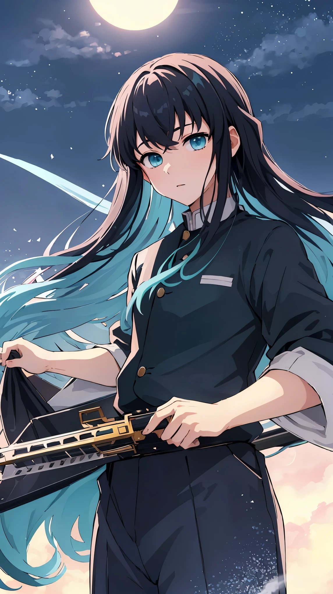 Masterpiece, Best quality, (1 boy:1), demon slayer uniform, Single, long hair, Looking at the scenes, Explosions, Black hair, aqua eyes, Multicolored hair, Tokito_Moishiro, weapon , Male focus, pants, Japanese village wallpaper, night time, moonlight,  