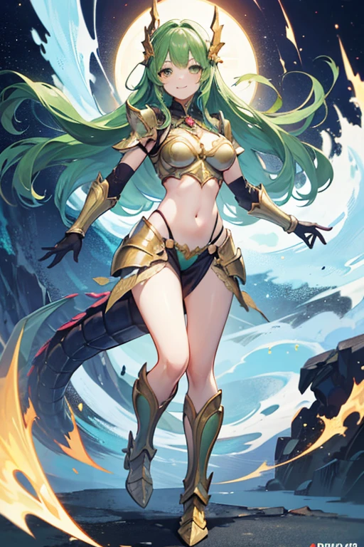 masterpiece, best quality, 1girl, detailed face, full body, lizardman girl, green hair, long hair, yellow eyes, big tits, (Armor: 1) , holding sword, green tail, green horns, (big hair in the wind)