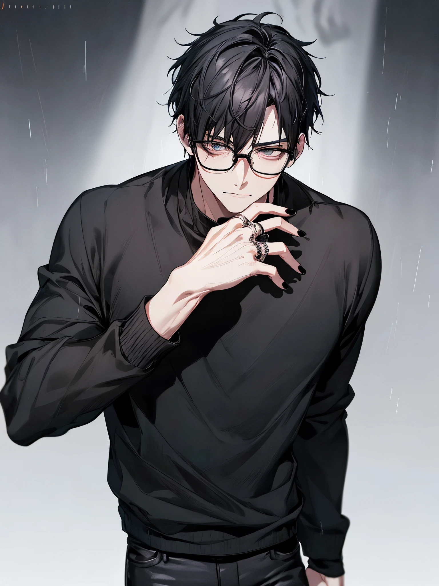 1 guy, black jeans, black sweater, rings on fingers, black nails, glasses for vision, black hair, a little sporty, Hand in pocket, Dead Eyes, depression, portrait, cinematic lighting, Blur background, Best quality, black gloves, hung his head, rain, Dark tones