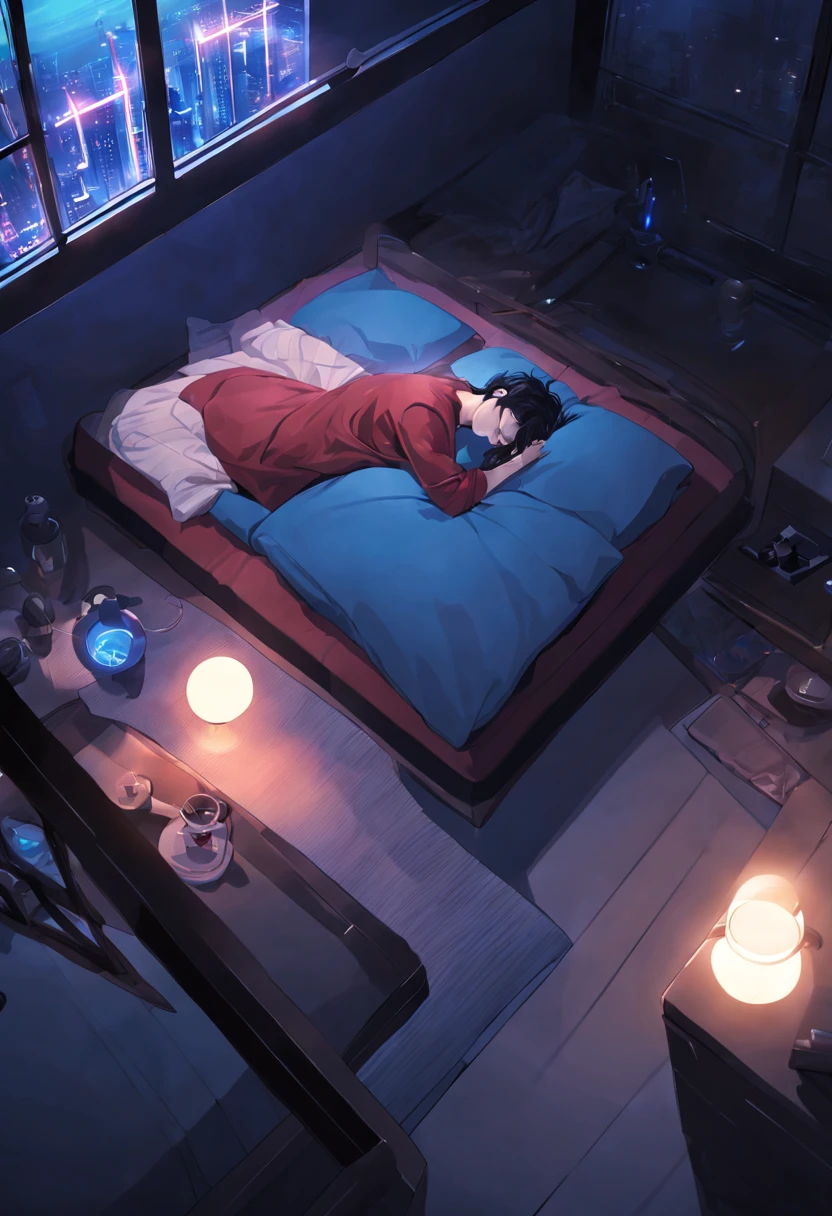 ((aesthetic)) man with (wery long black hair) dressed in red pajama. hugs a pillow. sleep. closed eyes. night. blue shades. blue light. white pillow. Night room. Bed. view from above. Big window. Outside the window there is a city in the distance. Scattered things. Small glowing lamp. Night. Darkness. Dark blue colors