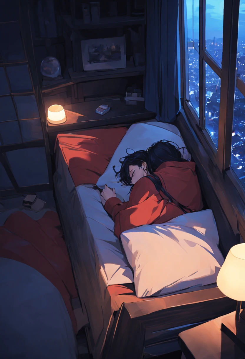 ((aesthetic)) man with (wery long black hair) dressed in red pajama. hugs a pillow. sleep. closed eyes. night. blue shades. blue light. white pillow. Night room. Bed. view from above. Big window. Outside the window there is a city in the distance. Scattered things. Small glowing lamp. Night. Darkness. Dark blue colors