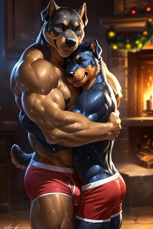 (duo, size difference, father and son:1.9) muscular anthro rottweiler, (presenting embrace for the viewer:1.9). 4k, high resolution, best quality, posted on e621, solo, anthro body, anthro rottweiler, black and tan body,older male, male, , masculine, (very muscular, thick build, pectorals:1.2), correct anatomy, (living background, christmas, evening), (by wfa:1.2), (by Taran Fiddler, by negger:1.0), black nipples,(boxer briefs, crotch bulge:1.2), (detailed eyes:1.2), sexy, (sweat:1.5), smile, shiny muscles, strong shadows, confident, seductive, flirting, half-body shot, photorealistic fur