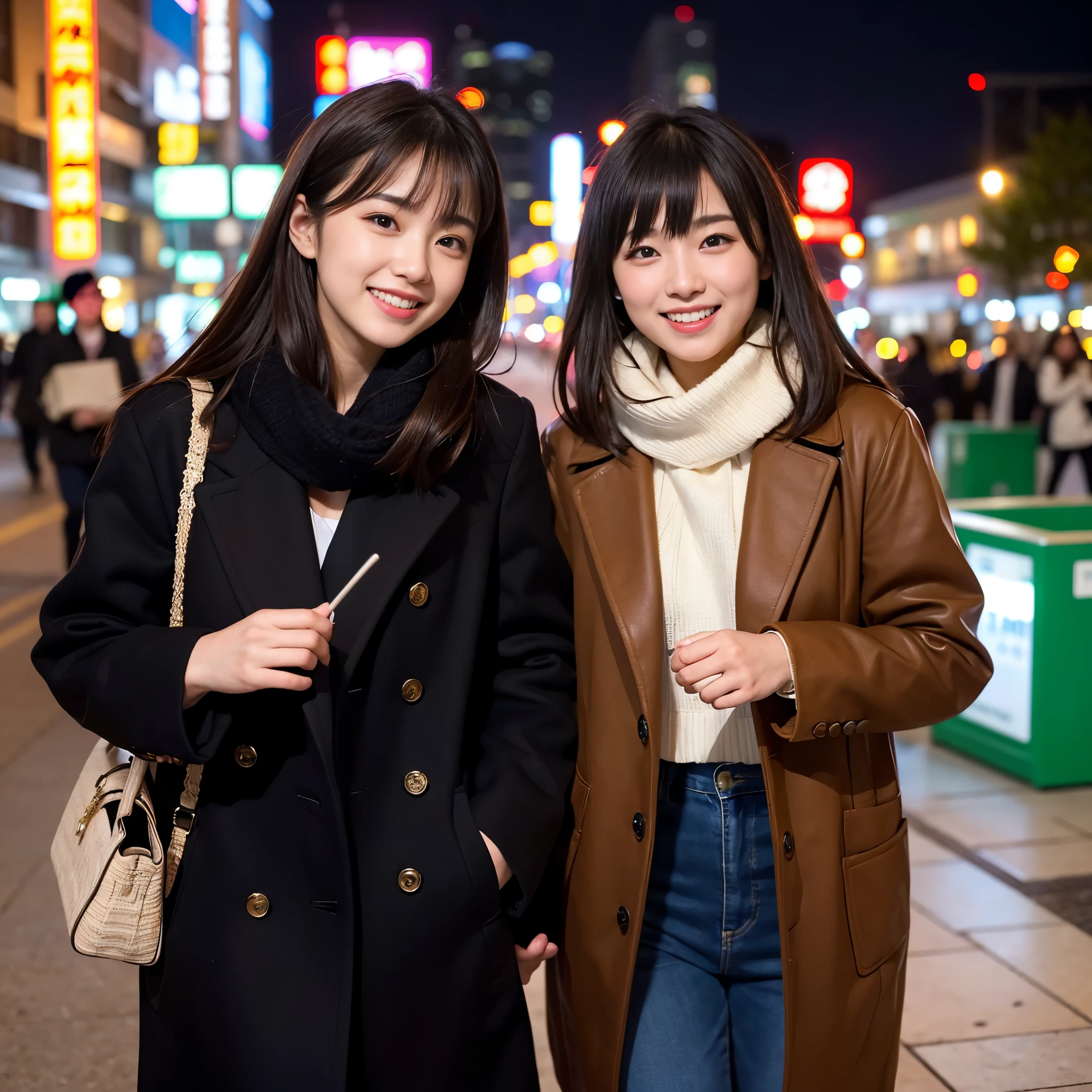 Best-quality, Masterpiece, Ultra-High-Resolution, (Photorealistic:1.4), Raw-Photo, A lesbian couple, 18-years-old girl and 25-years-old woman, Late at night, In the middle of winter, At Hiroshima's entertainment distric, (The 18-year-old girl, the most famous Japanese idol, wearing cute-down-jacket, extremely beautiful black-short-cut-haired, extremely cute face like the most popular Japanese idol, extremely beautiful big-black-eyes), 
(The 25-year-old woman, the most famous Japanese actress, wearing expensive-coat and business suit, extremely beautiful brown-long-haired, extremely beautiful face like the most popular Japanese actress, extremely beautiful big-solid-circle-eyes), 

Both wearing matching scarves, both drunk,  both walking staggered, looking at viewer, laughing-out-loud