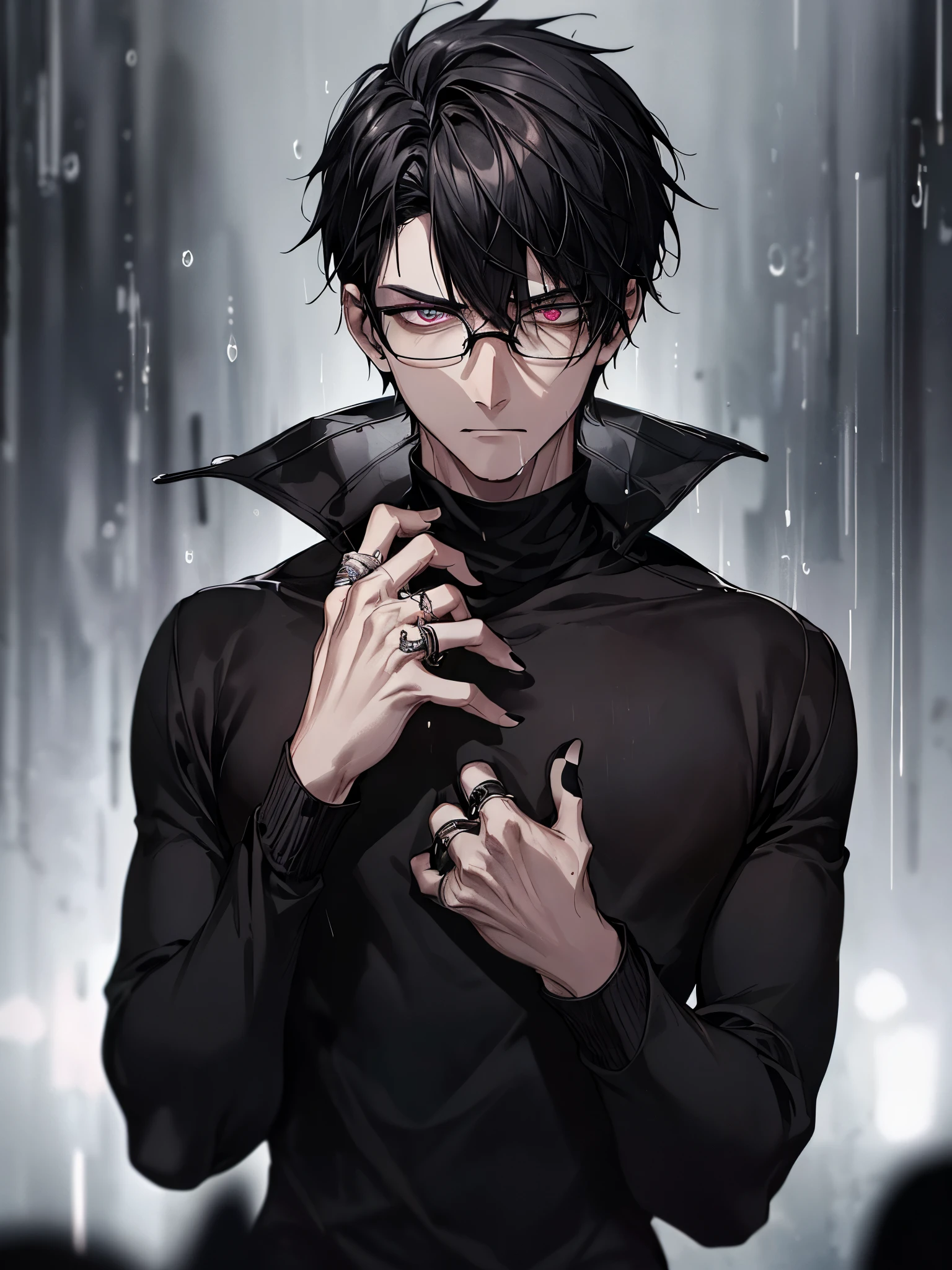1 guy, black jeans, black sweater, rings on fingers, black nails, Glasses, black hair, a little sporty, hand to chest, Glass eyes, Malice, anger, portrait, cinematic lighting, Blur background, Best quality, night city, rain, Dark tones, Wet, Brown eyes,