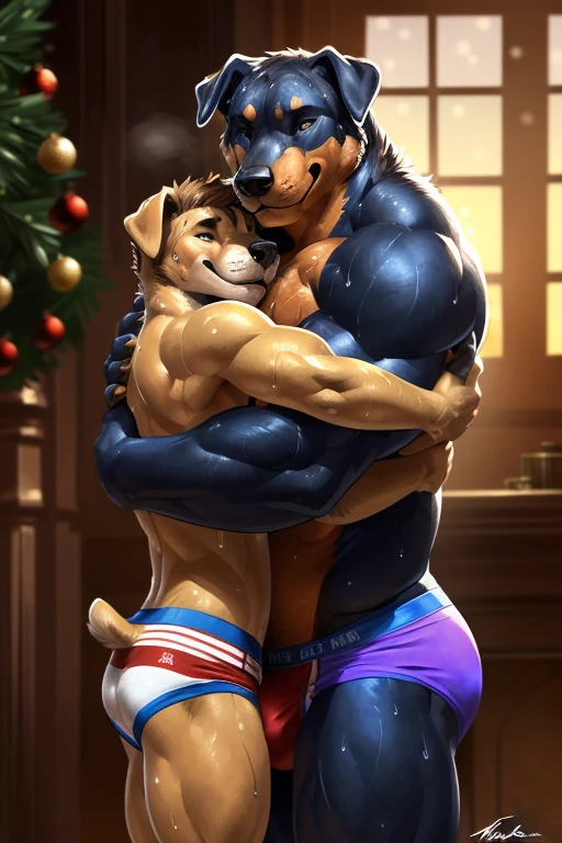 (duo, size difference, father and son:1.9) muscular anthro rottweiler, (presenting embrace for the viewer:1.9). 4k, high resolution, best quality, posted on e621, solo, anthro body, anthro rottweiler, black and tan body,older male, male, , masculine, (very muscular, thick build, pectorals:1.2), correct anatomy, (living background, christmas, evening), (by wfa:1.2), (by Taran Fiddler, by negger:1.0), black nipples,(briefs, crotch bulge:1.2), (detailed eyes:1.2), sexy, (sweat:1.5), smile, shiny muscles, strong shadows, confident, seductive, flirting, half-body shot, photorealistic fur
