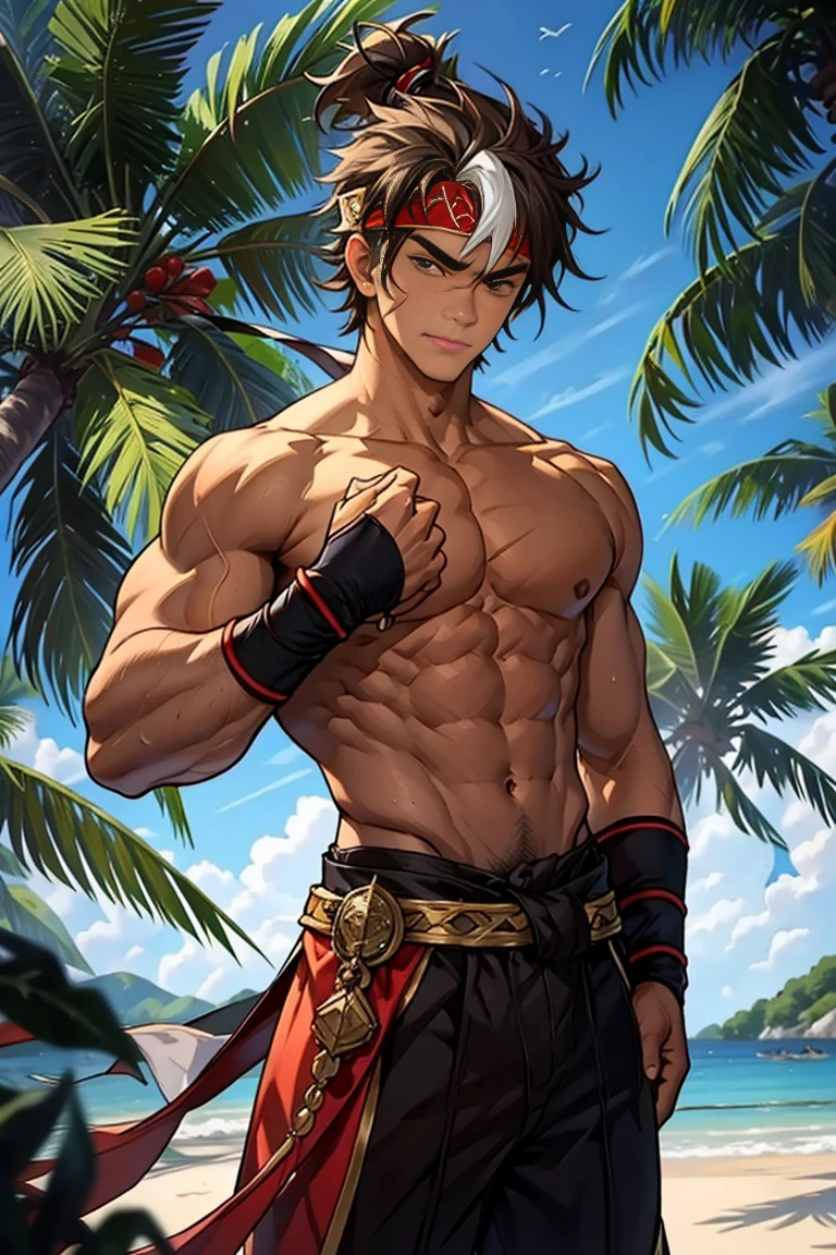 (Masterpiece, Best quality 16 year old boy，Shota), solo, Young, boy, Dark Short hair, full bodyesbian, Shirtless, babyface, topless, green headband, Vivid colors,(Depth of field:1.2),(Abs), view the viewer, black wristband, closed mouth, serious, topless male, pale tanned skin with tight muscler body, Man with martial arts stance, epic kung fu pose,