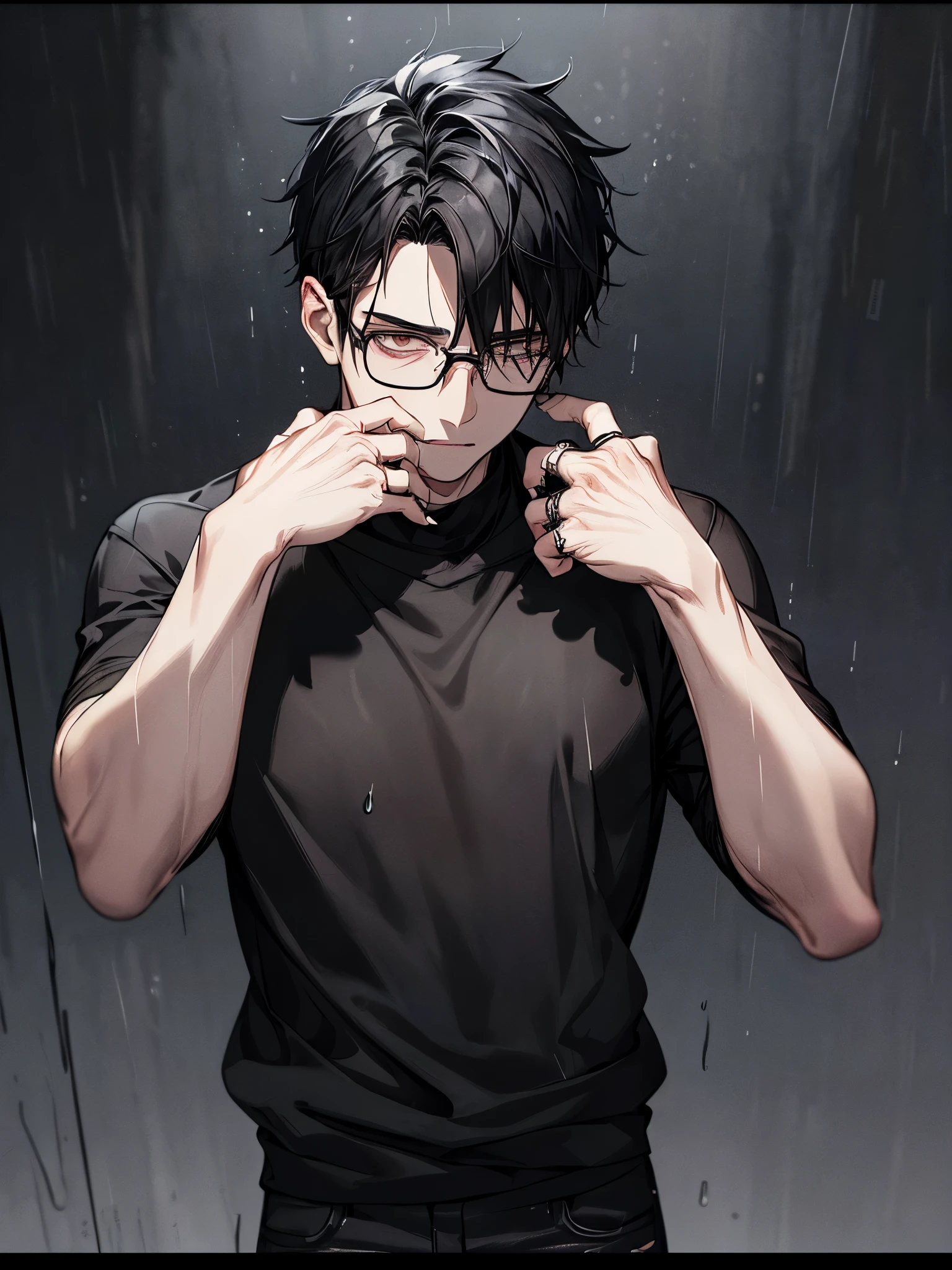 1 guy, black jeans, black sweater, rings on fingers, black nails, Glasses, black hair, a little sporty, Hand in pocket, Dead Eyes, depression, portrait, cinematic lighting, Blur background, Best quality, black gloves, hung his head, rain, Dark tones, Wet, Brown eyes,