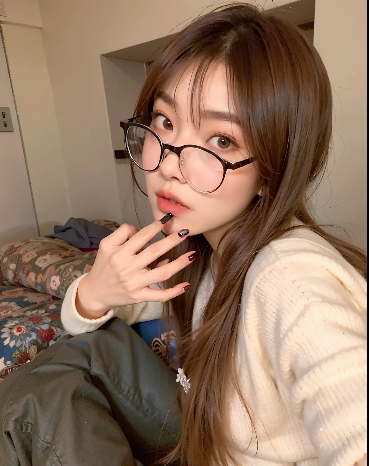 arafed woman with glasses and a sweater smoking a cigarette, with glasses, ulzzang, korean girl, wearing small round glasses, wearing thin large round glasses, with glasses on, heonhwa choe, tzuyu from twice, park ji-min, wearing round glasses, jossi of blackpink, jaeyeon nam, roseanne park of blackpink