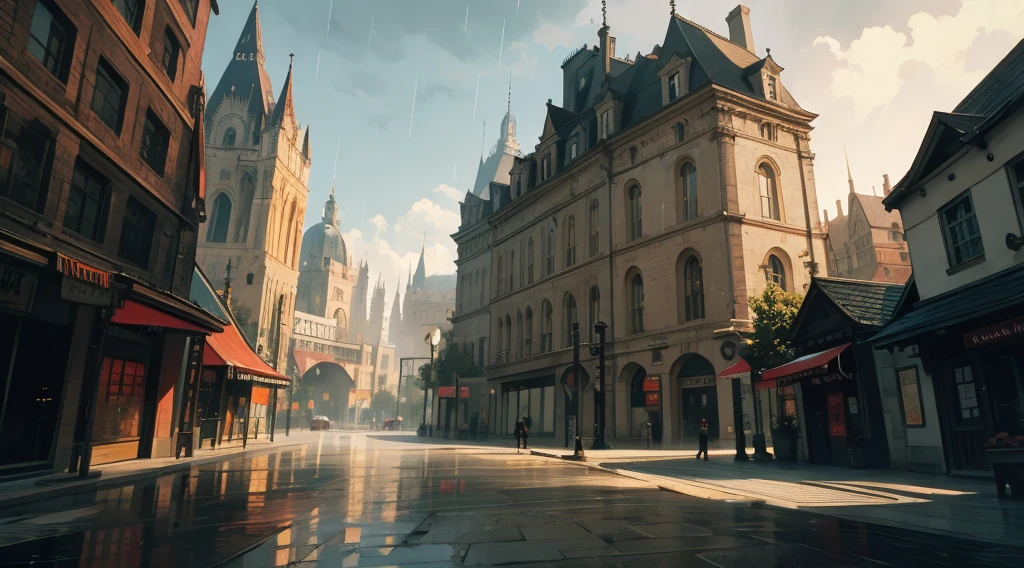 aesthetic town, many buildings, rain