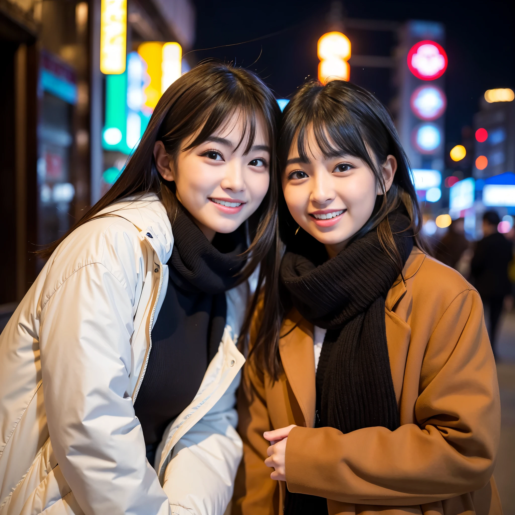 Best-quality, Masterpiece, Ultra-High-Resolution, (Photorealistic:1.4), Raw-Photo, A lesbian couple, 18-years-old girl and 25-years-old woman, Late at night, In the middle of winter, At Hiroshima's entertainment distric, (The 18-year-old girl, the most famous Japanese idol, wearing cute down-jacket, extremely beautiful black-short-cut-haired, extremely cute face like the most popular Japanese idol, extremely beautiful big-black-eyes, extremely beautiful skins, extremely beautiful long-eyelashes, extremely beautiful lips, skinny), 
(The 25-year-old woman, the most famous Japanese actress, wearing expensive-coat and business suit, extremely beautiful brown-long-haired, extremely beautiful face like the most popular Japanese actress, extremely beautiful big-solid-circle-eyes), 

Both wearing matching scarves, both drunk,  both walking staggered, looking at viewer, laughing-out-loud