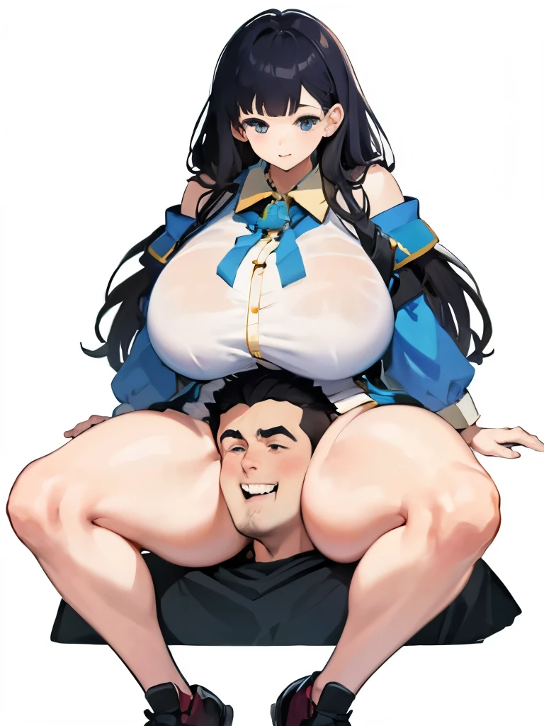 bbw sitting on tiny boy's shoulders, white background, full body, uniform