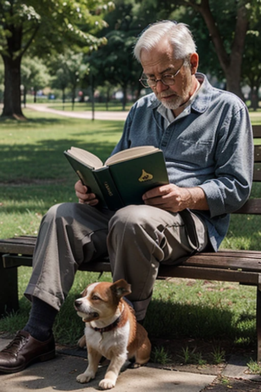 old man reading a book in park with a little dog 