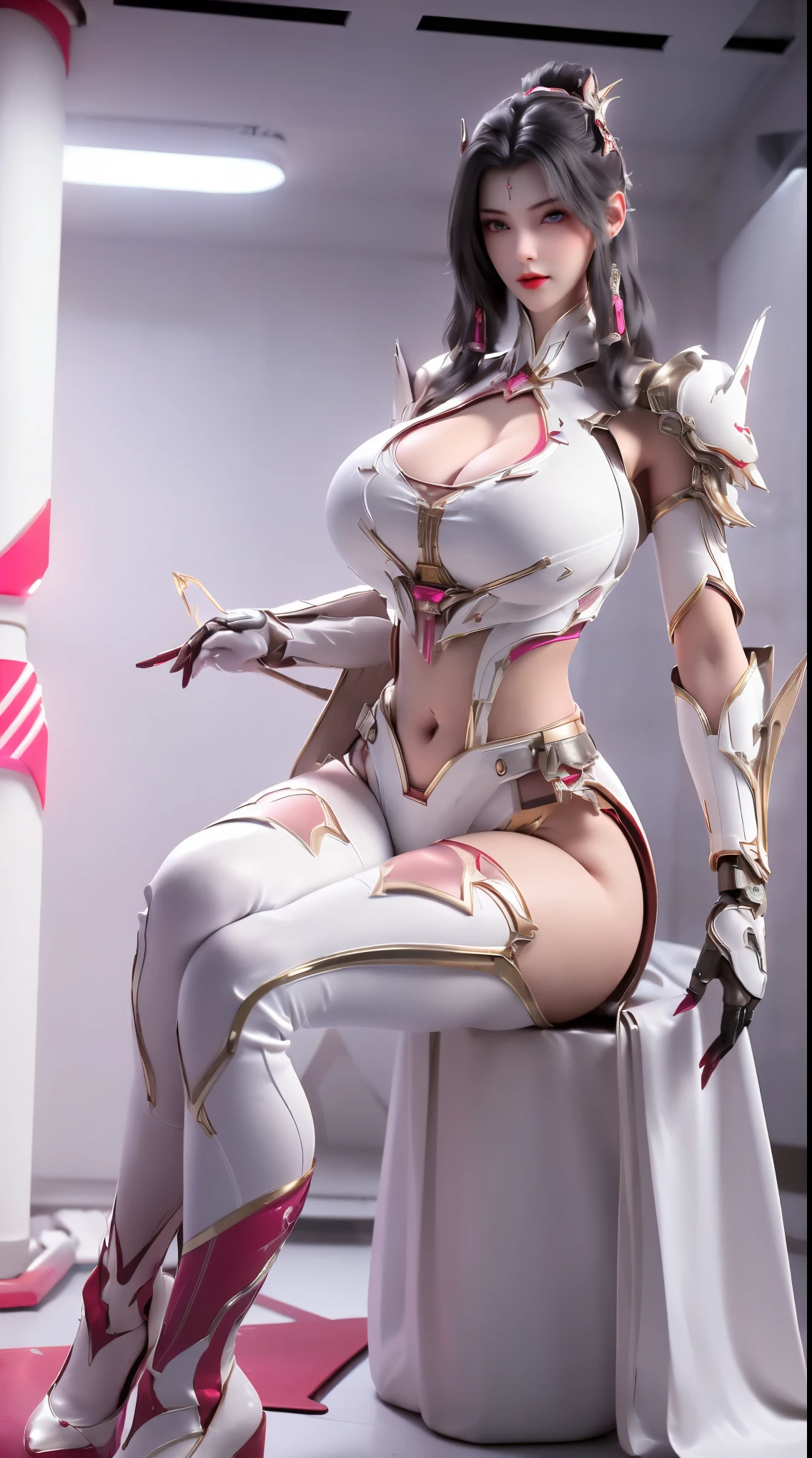 (1GIRL,SOLO:2), (super detailed face), ((BIG BUTTOCKS, HUGE FAKE BREASTS:1.5)), (CLEAVAGE TOP:1.5), (MUSCLE ABS FEMALE:1.4), (MECHA GUARD ARM:1.4), ((WEAR MAGENTA RED WHITE OVERWATCH MECHANICAL ARMOR CROP TOP, BLACK MECHANICAL SKINTIGHT SUIT PANTS, MECHA GUARD ARMOR LEGS, HIGH HEELS:1.5)), (LEWD VOLUPTUOUS BODY:1.3), (GLOSSY SKIN:0.8), (LONG LEGS, FULL BODY:1.1), (LOOKING AT VIEWER:1.3), (female focus:0.886), (WALKING DOWN HALLWAY OF FUTURISTIC SPACE STATION:1), (BRIGHT LIGHT WHITE_ROOM:1.3), SUPER TEXTURE, UNREAL ENGINE RENDER, PHYSICALLY-BASED RENDERING, ULTRA HIGHT DEFINITION, 16K, 1080P.