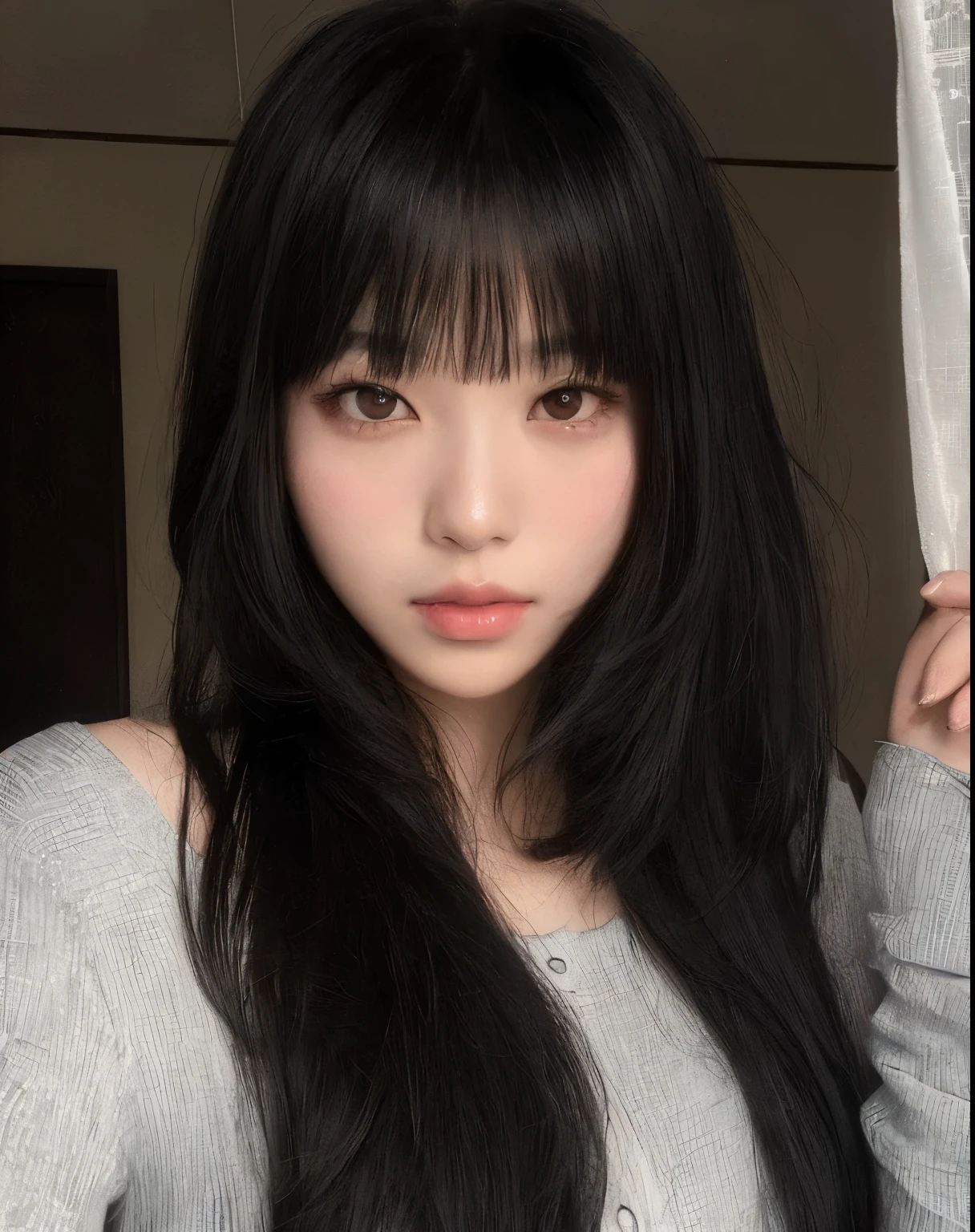 arafed asian woman with long black hair and bangs posing for a picture, she has black hair with bangs, black hime cut hair, ulzzang, sui ishida with black hair, the hime cut, cute natural anime face, shikamimi, white hime cut hairstyle, anime girl in real life, neat hair with bangs, long black hair with bangs