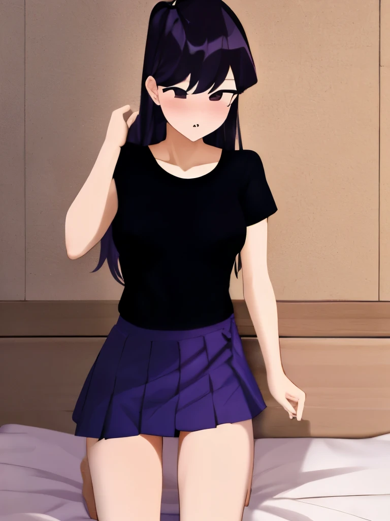 internal_cumshot, ((realista)), pixel-Komi-Shouko acostada en la cama desnuda, de espalda contra la pared alzando el culo, mostrando la vagina, lifting skirt