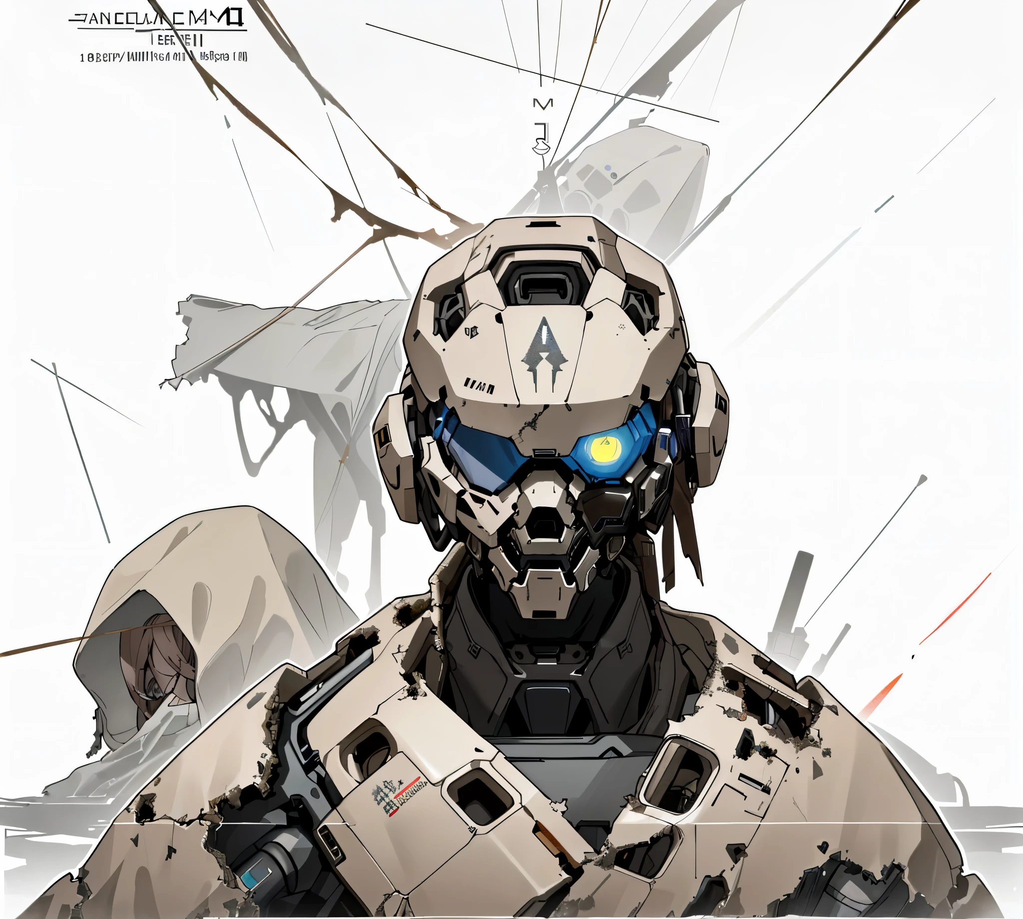 (humanoid head 1.5), With front and back view, Bust of a humanoid mech,({His outfit is a coat with a huge hood in the color of brown, old, torn and pierced 1.5}), ({His head has a humanoid shape, like a robot human face}),  in gray color, head with two lenses, wearing a brown-colored plaid fabric coat and aged and torn, wearing a fabric hood. With transparent background, no bottom. apocalypse, Dirty with dust. (just a humanoid face like an Exo from Destiny 1.5), ({all his bodywork is tangled, worn and with bullet dent mark 1.5})