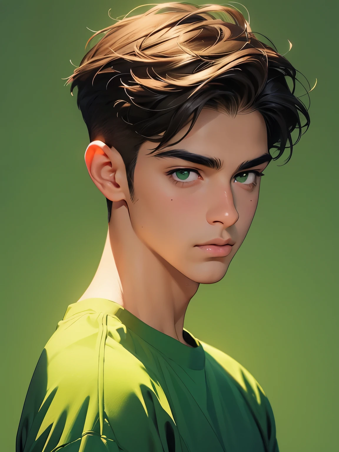 Persian man,  cute nose, thin lips, green eyes, short brown  hair, jock outfit, tan undertone, young hot handsome face, pastel art 