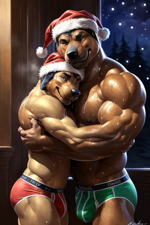 (duo, size difference, father and son:1.9) muscular anthro rottweiler, (presenting embrace for the viewer:1.9). 4k, high resolution, best quality, posted on e621, solo, anthro body, anthro rottweiler, black and tan body,older male, male, , masculine, (very muscular, thick build, pectorals:1.2), correct anatomy, (living background, christmas, evening), (by wfa:1.2), (by Taran Fiddler, by negger:1.0), black nipples,(briefs, crotch bulge:1.2), (detailed eyes:1.2), sexy, (sweat:1.5), smile, shiny muscles, strong shadows, confident, seductive, flirting, half-body shot, photorealistic fur