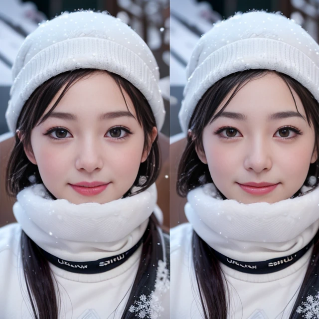 onoff,side-by-side photo,split screen,(masutepiece:1.3), (8K, Photorealistic, Raw photography, Best Quality: 1.4), Beautiful face, (Lifelike face), (short-cut:1.3), Realistic eyes, Beautiful eyes, (realskin), Beautiful skin, Ultra high definition, Hyper-realistic, hight resolution, Beautiful Japan Woman,(Snowboarding Wear:1.4),(knit cap:1.2),Snowboard,(snowing:1.4),A smile,Snowboard Park,
