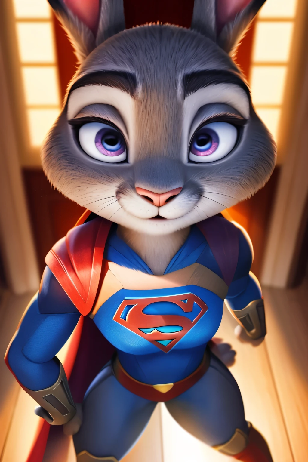 NSFW, master piece 1.4 art wallpaper digital rendering perfect whole body race rabbit Judy Hopps Zootopia gray skinned rabbit in Supergirl uniform ultra detailed super realistic