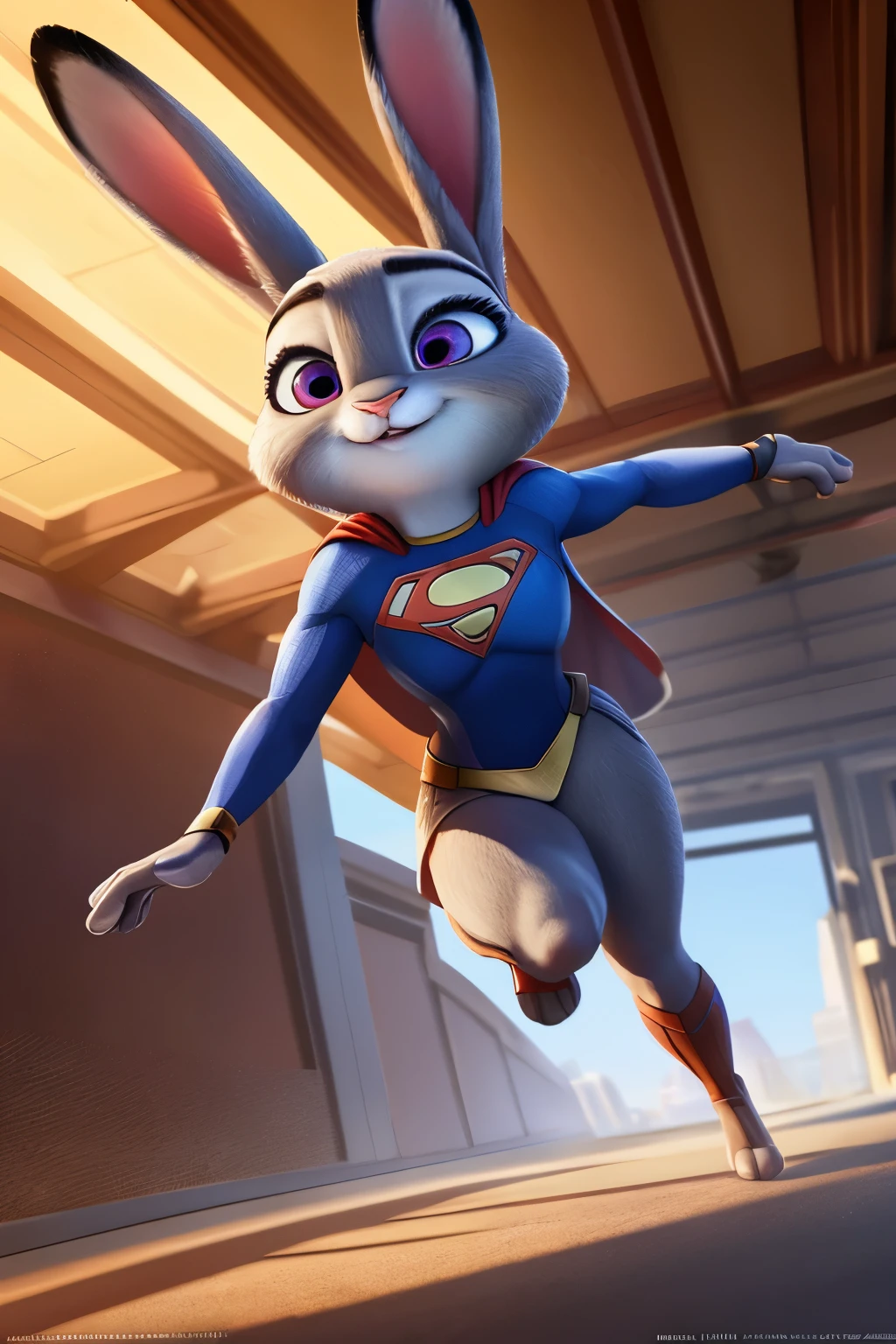 NSFW, master piece 1.4 art wallpaper digital rendering perfect whole body race rabbit Judy Hopps Zootopia gray skinned rabbit in Supergirl uniform ultra detailed super realistic