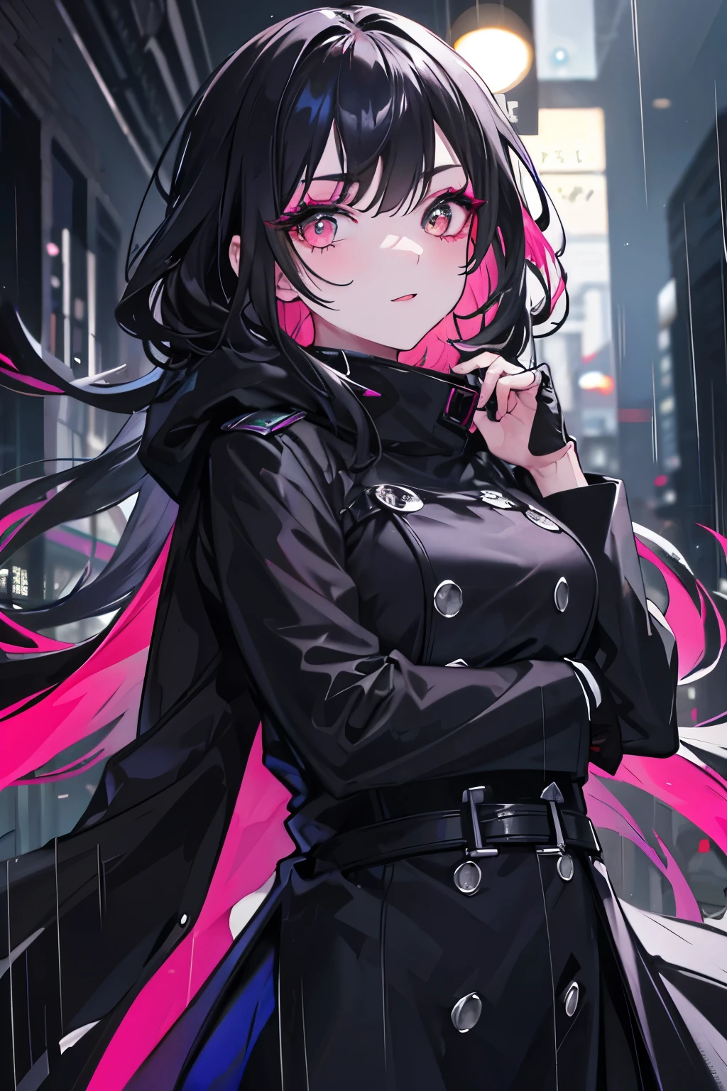1girl, with vibrant makeup, in a night city covered in heavy rain, wearing an elegant black coat, looking up with a confident expression.