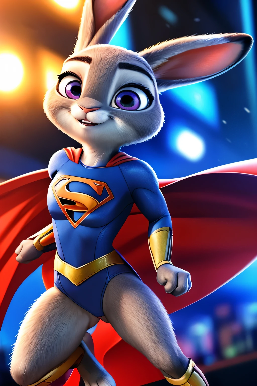 NSFW, master piece 1.4 art wallpaper digital rendering perfect whole body race rabbit Judy Hopps Zootopia gray skinned rabbit in Supergirl uniform ultra detailed super realistic