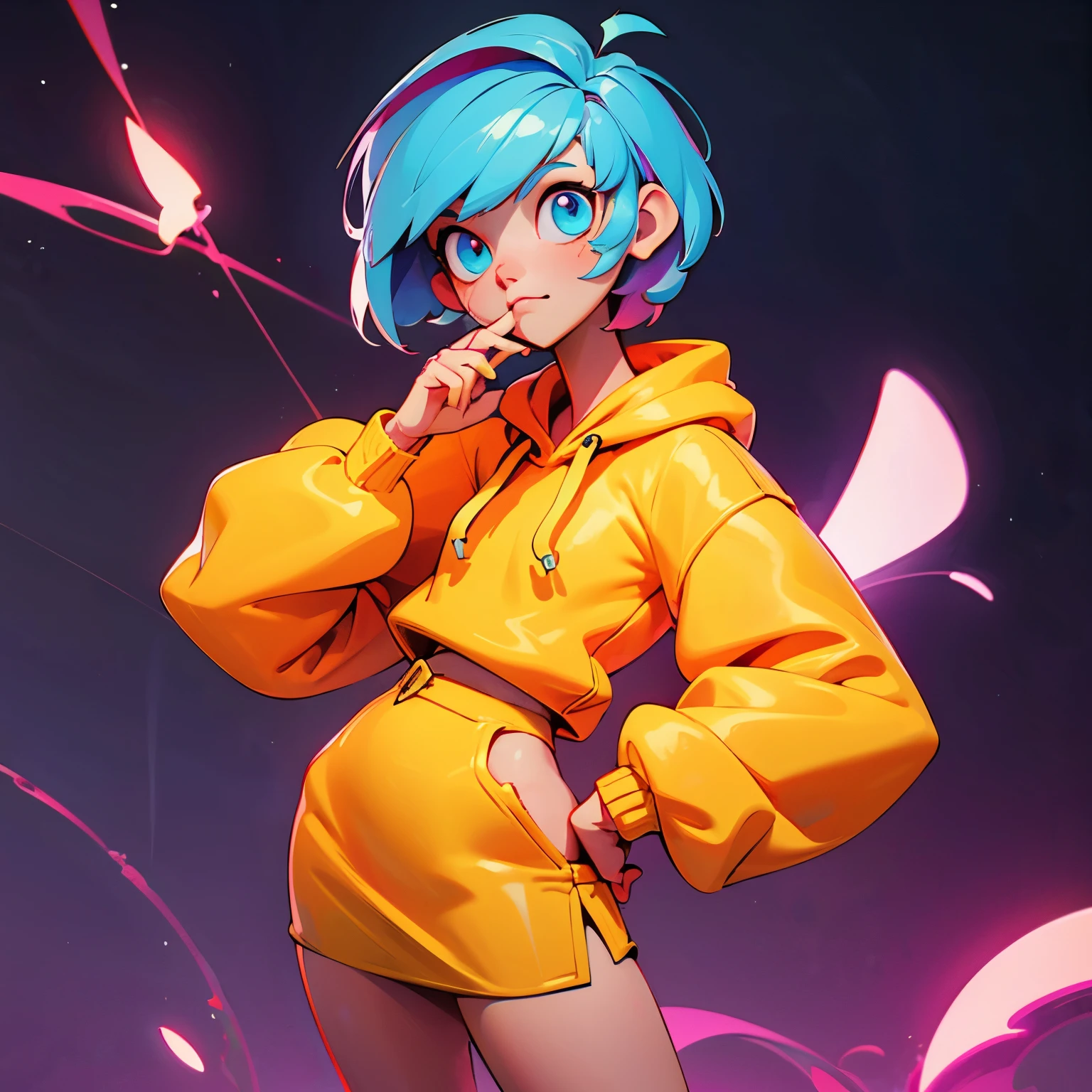 gorgeous hip-hop girl, orange neon hoodie, short pixie hair, micro skirt, graffiti, emissive, bloom