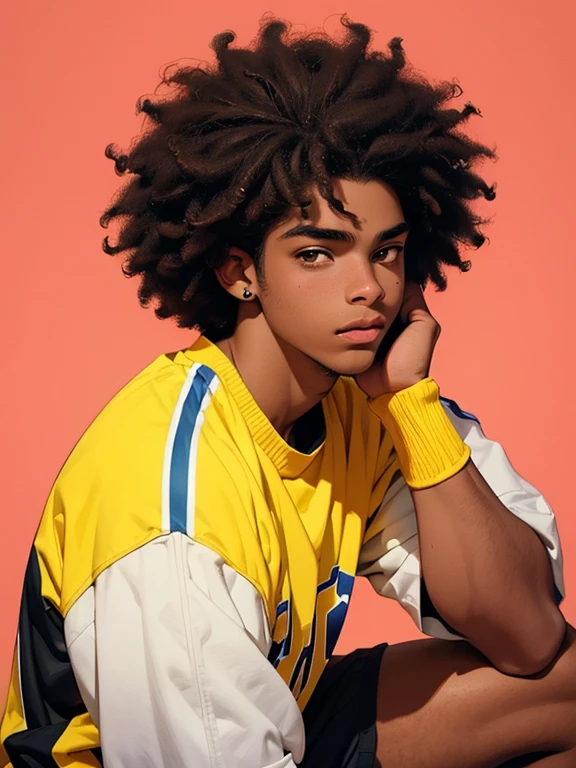 Afro-latino Young man,  cute nose, full lips, yellow eyes, huge brown afro hair, jock outfit, cool undertone, young hot handsome face, Pastel art