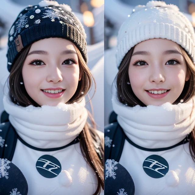 onoff,side-by-side photo,split screen,(masutepiece:1.3), (8K, Photorealistic, Raw photography, Best Quality: 1.4), Beautiful face, (Lifelike face), (short-cut:1.3), Realistic eyes, Beautiful eyes, (realskin), Beautiful skin, Ultra high definition, Hyper-realistic, hight resolution, Beautiful Japan Woman,(Popular Snowboarding Wear:1.4),(knit cap:1.2),Snowboard,(snowing:1.4),A smile,Snowboard Park,mideum shot,