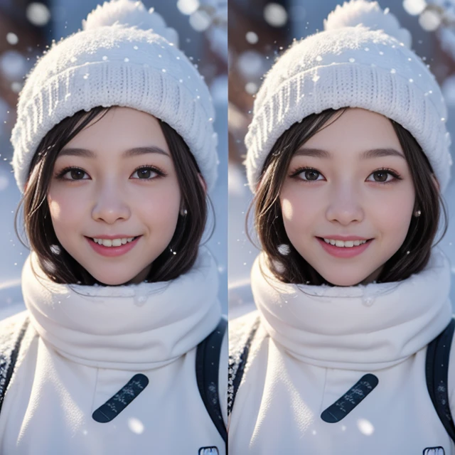 onoff,side-by-side photo,split screen,(masutepiece:1.3), (8K, Photorealistic, Raw photography, Best Quality: 1.4), Beautiful face, (Lifelike face), (short-cut:1.3), Realistic eyes, Beautiful eyes, (realskin), Beautiful skin, Ultra high definition, Hyper-realistic, hight resolution, Beautiful Japan Woman,(Popular Snowboarding Wear:1.4),(knit cap:1.2),Snowboard,(snowing:1.4),A smile,Snowboard Park,mideum shot,