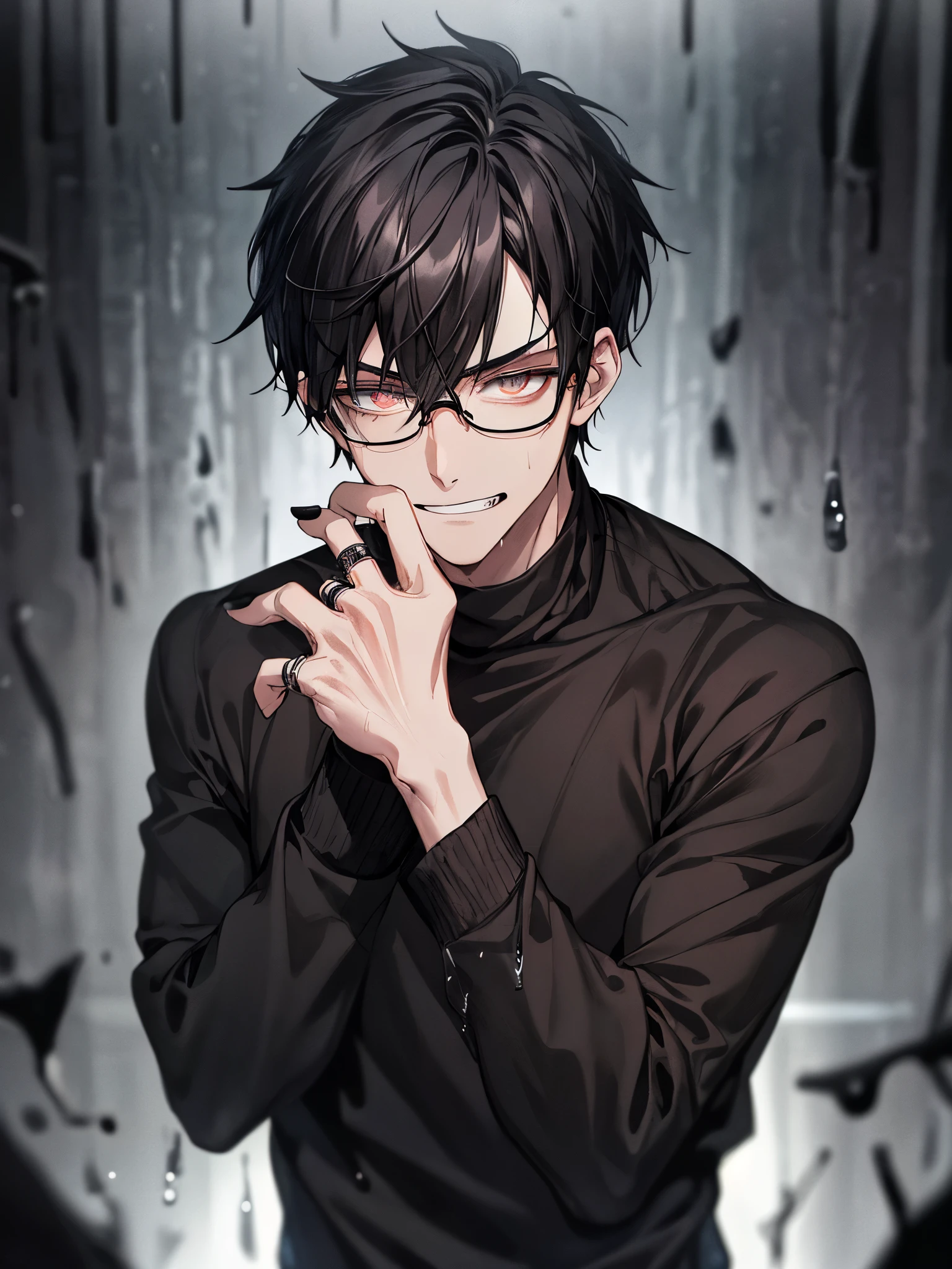 1 guy, black jeans, black sweater, rings on fingers, black nails, Glasses, black hair, a little sporty, hand to chest, Glass eyes, Malice, anger, portrait, cinematic lighting, Blur background, Best quality, night city, rain, Dark tones, Wet, Brown eyes, grinning,