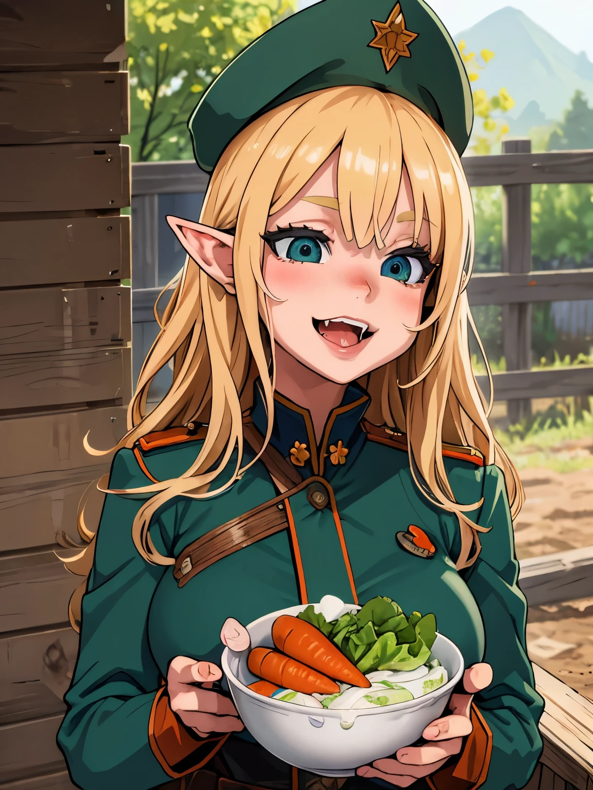 (masterpiece), (elf),
expressive eyes, happy, overjoyed, hungry, eating, carrots, lettuce, big breasts, military uniform
Farmstead, detailed background