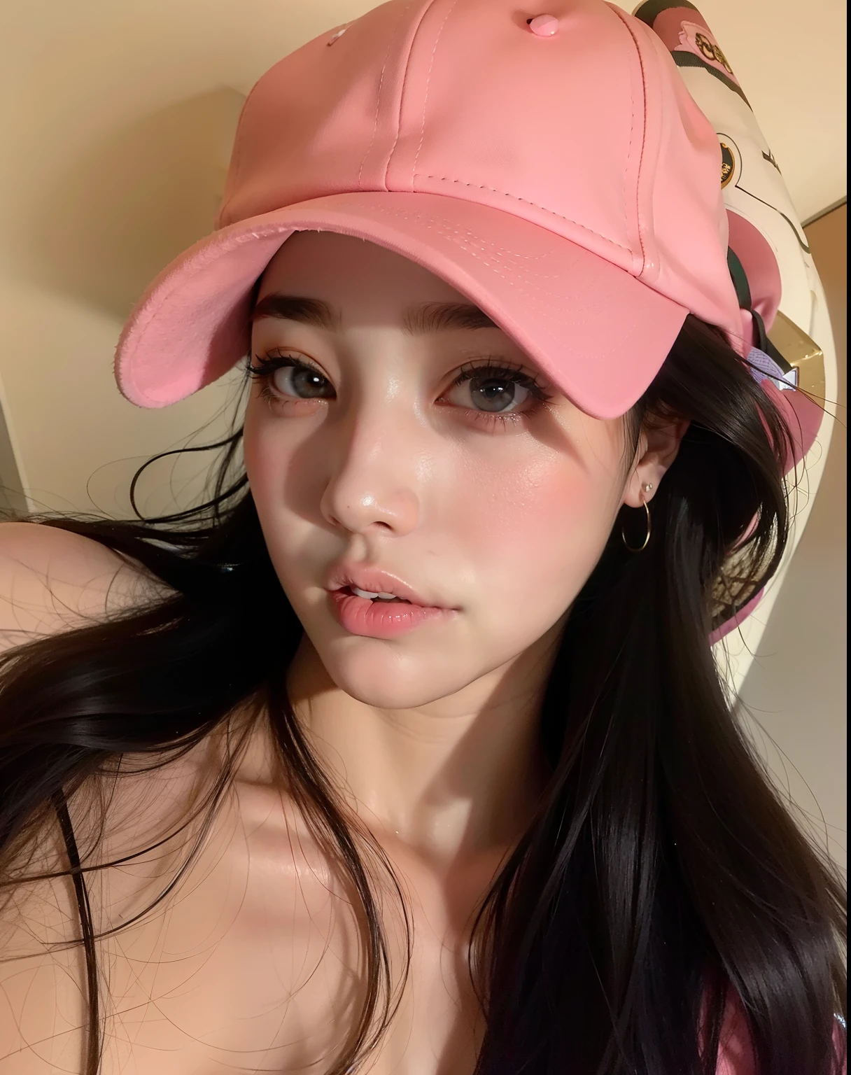 arafed woman with long black hair wearing a pink hat, dilraba dilmurat, jisoo from blackpink, ulzzang, jisoo of blackpink, korean girl, beautiful south korean woman, wearing baseball cap, fan bingbing, jossi of blackpink, gorgeous young korean woman, ((pink)), xintong chen, with hat, roseanne park of blackpink