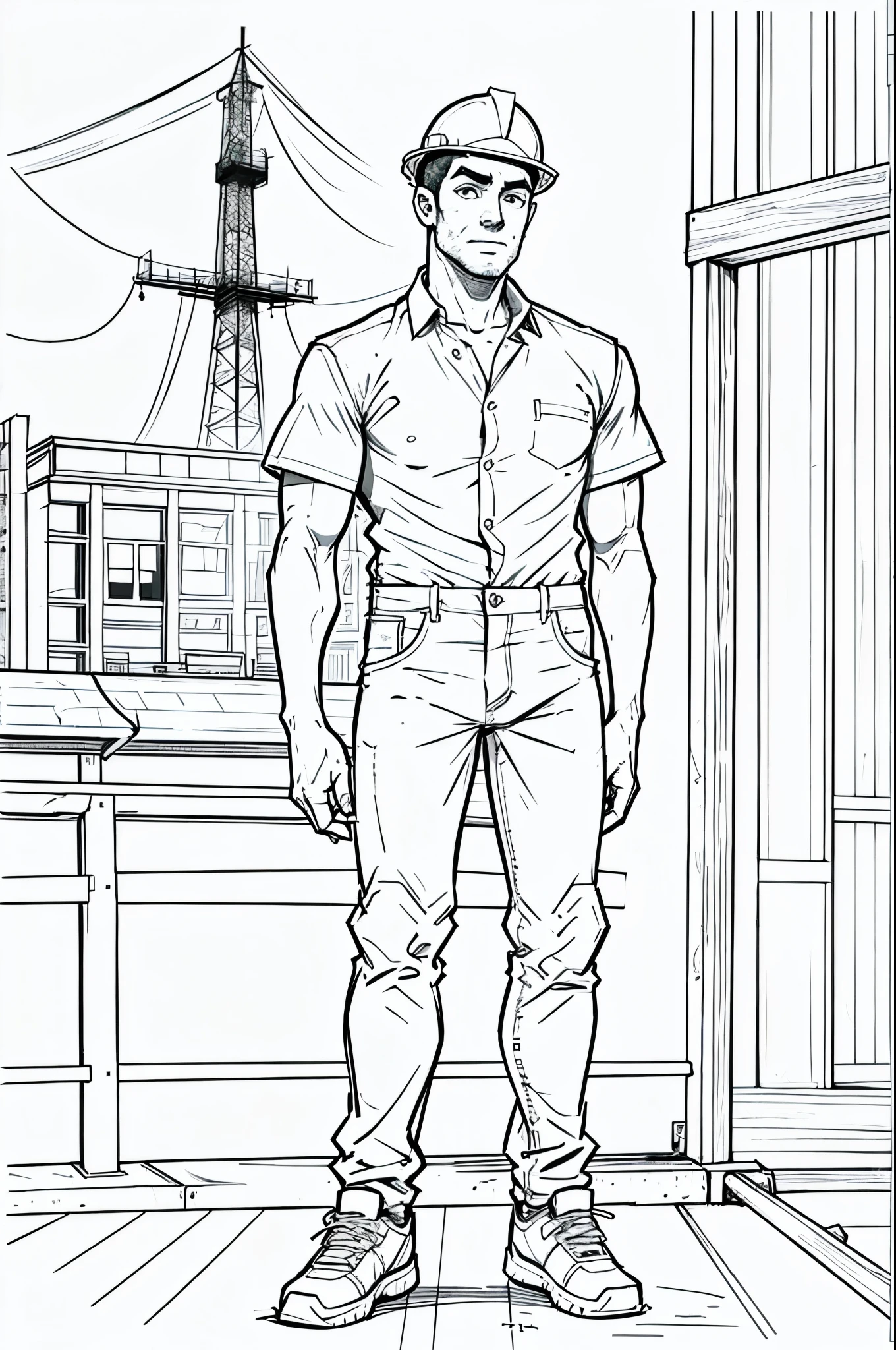 sketch of a man dressed as a construction engineer , camisa , pants, colete de obra , imagem fundo branco, lineart digital