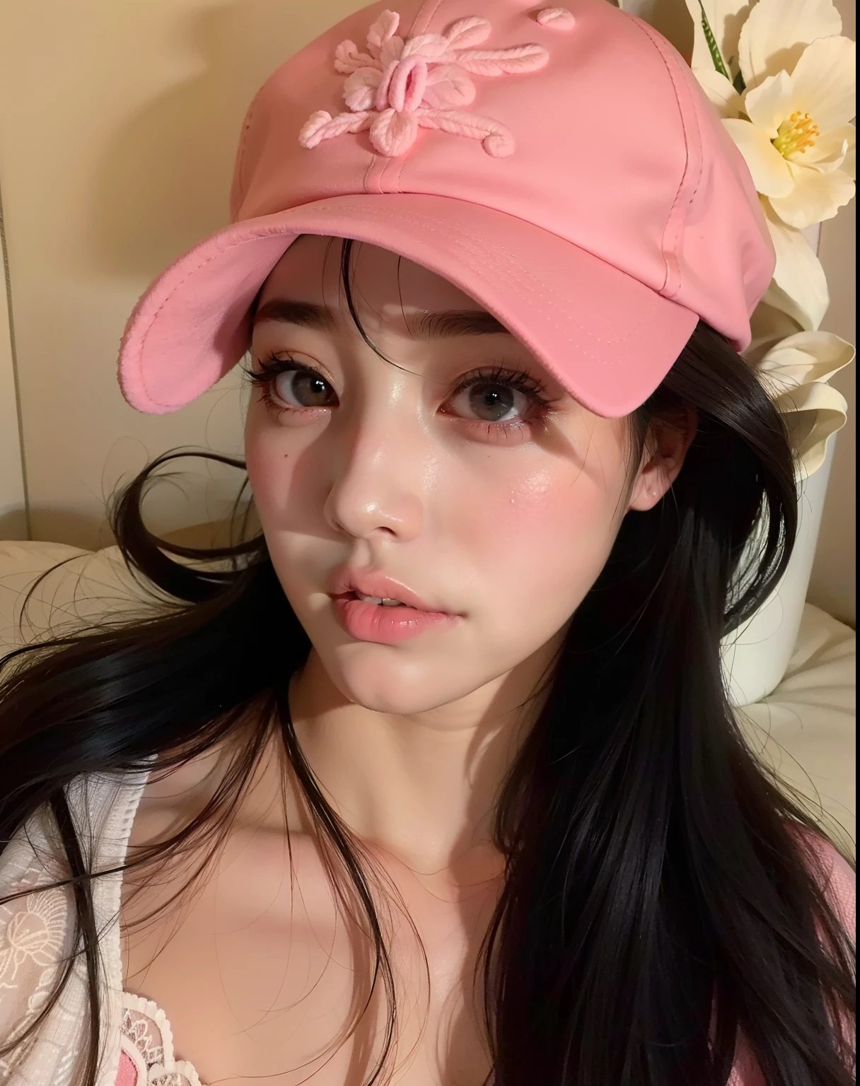 arafed woman with long black hair wearing a pink hat, dilraba dilmurat, jisoo from blackpink, ulzzang, jisoo of blackpink, korean girl, beautiful south korean woman, wearing baseball cap, fan bingbing, jossi of blackpink, gorgeous young korean woman, ((pink)), xintong chen, with hat, roseanne park of blackpink